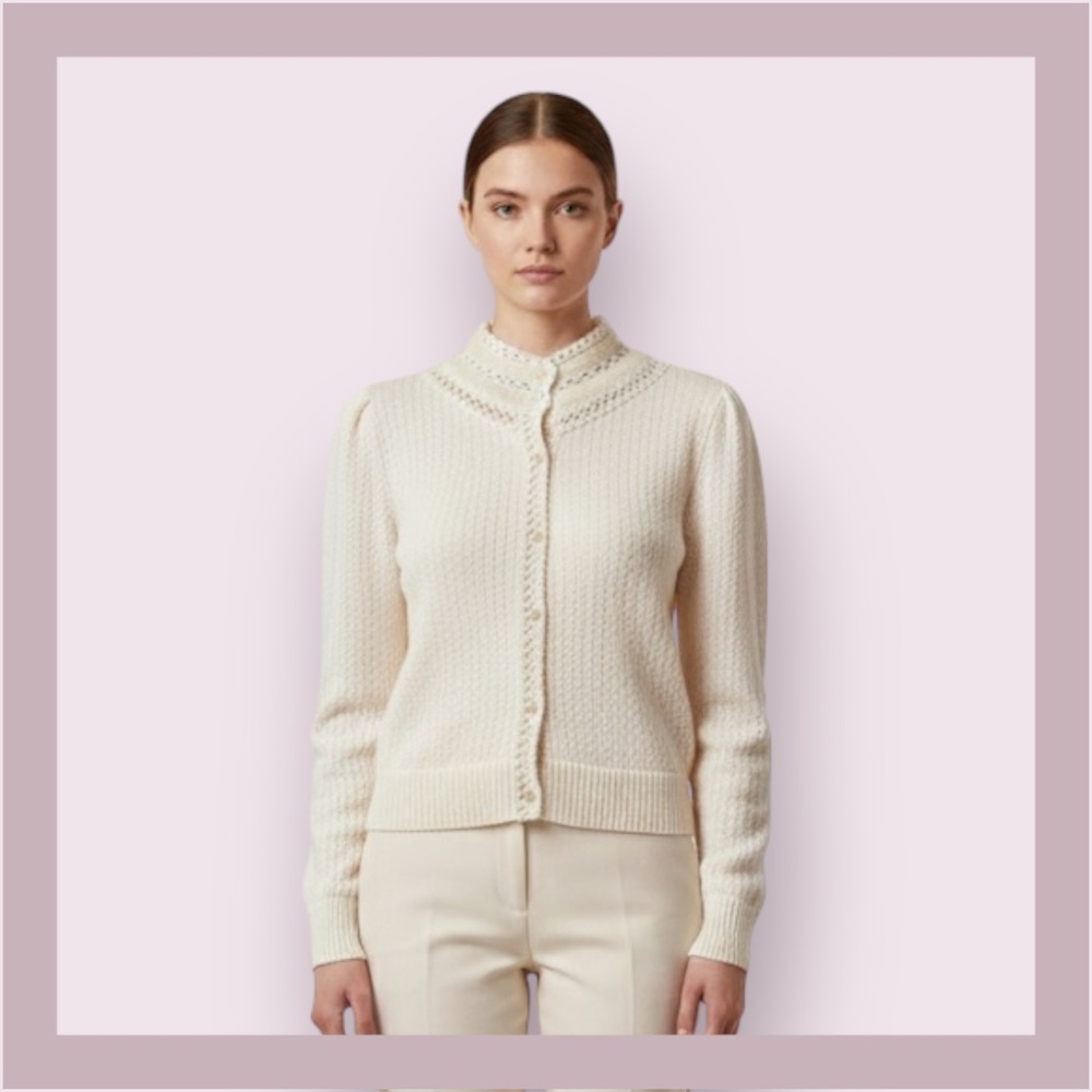 Vintage Neuma Ivory Knit Crochet and Angora Lined Cardigan